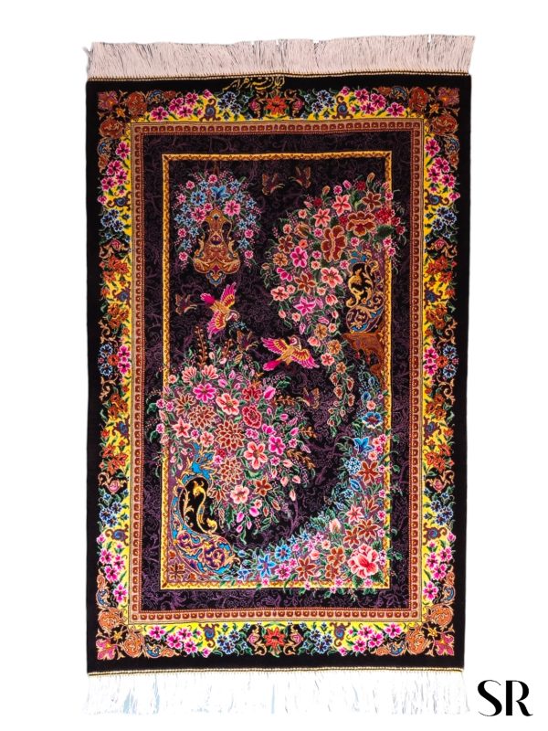 Qom Silk Handwoven Rug Bird Garden Design