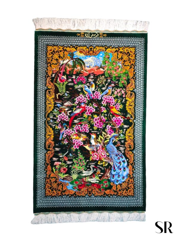 Qom Silk Handwoven Rug Bird Garden Design