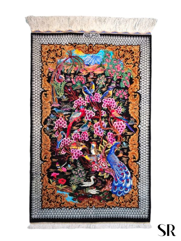 Qom Silk Handwoven Rug Bird Garden Design