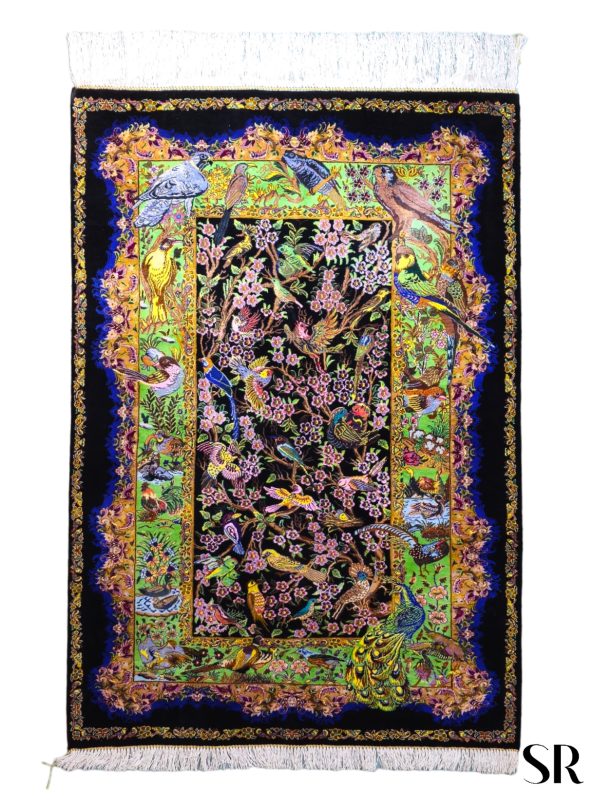 Qom Silk Handwoven Rug Bird Garden Design