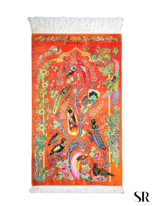 Qom Silk Handwoven Rug Bird Garden Design